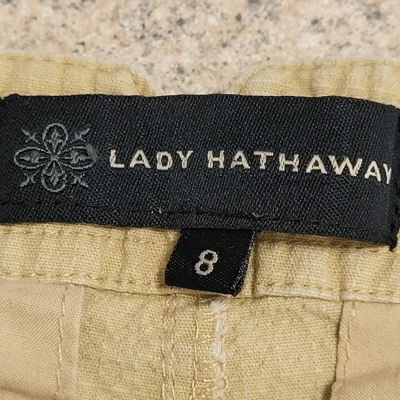 𝅺COTTON Textured Khaki Capris Cropped Trousers Lady Hathaway Drawstring SZ 8 - Picture 9 of 11